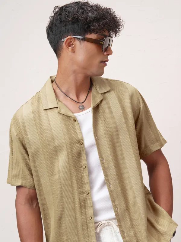 Highlander Men Khaki Striped Relaxed Fit Casual Shirt