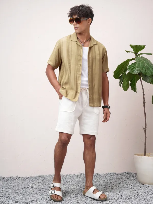 Highlander Men Khaki Striped Relaxed Fit Casual Shirt