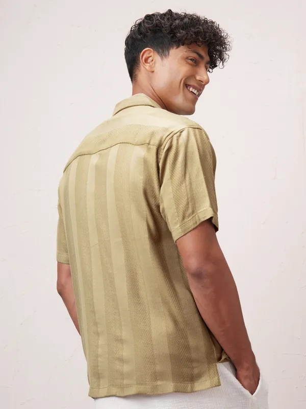 Highlander Men Khaki Striped Relaxed Fit Casual Shirt