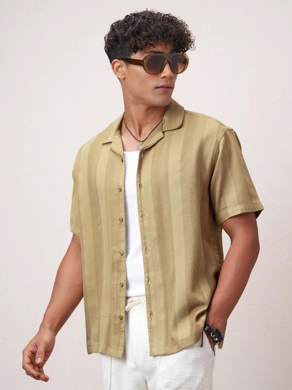 Highlander Men Khaki Striped Relaxed Fit Casual Shirt
