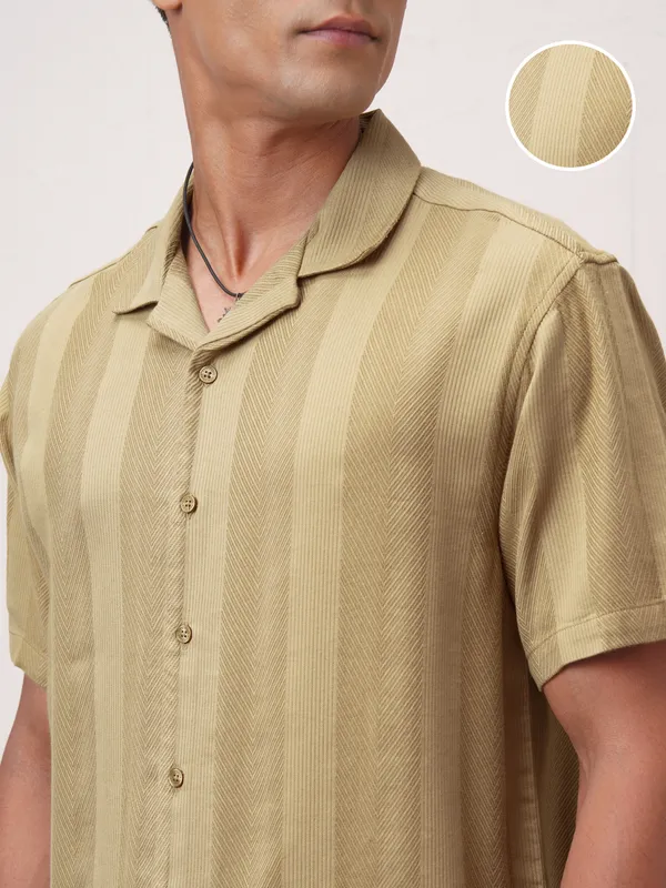 Highlander Men Khaki Striped Relaxed Fit Casual Shirt