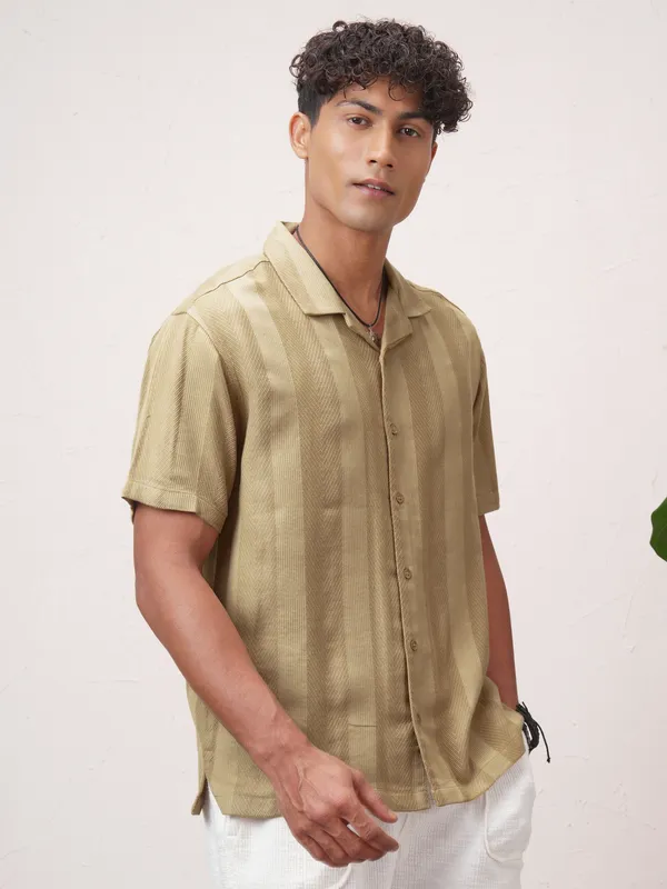 Highlander Men Khaki Striped Relaxed Fit Casual Shirt