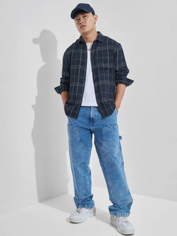 Highlander Men Navy Blue Checked Relaxed Fit Casual Shirt