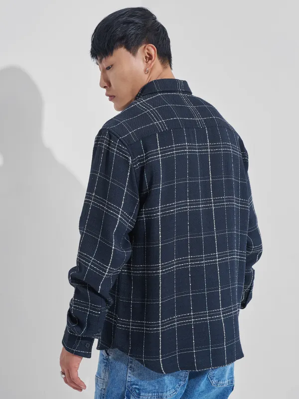 Highlander Men Navy Blue Checked Relaxed Fit Casual Shirt