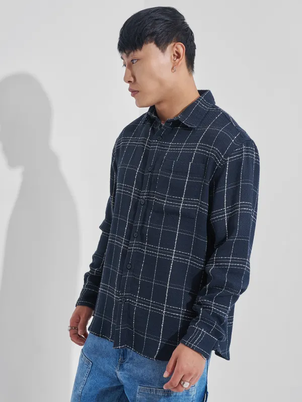 Highlander Men Navy Blue Checked Relaxed Fit Casual Shirt