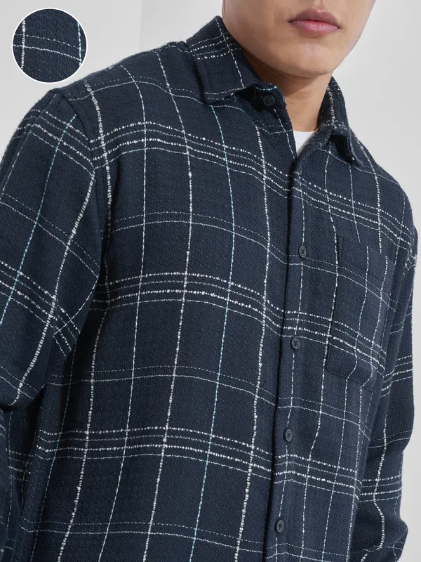 Highlander Men Navy Blue Checked Relaxed Fit Casual Shirt