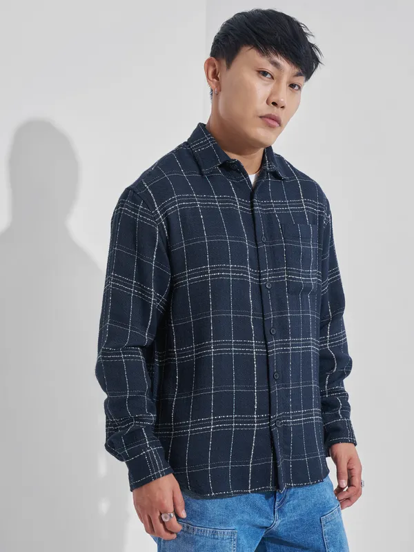 Highlander Men Navy Blue Checked Relaxed Fit Casual Shirt