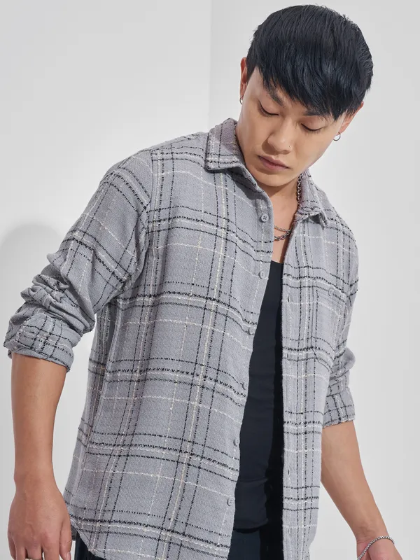 Highlander Men Grey Checked Relaxed Fit Casual Shirt