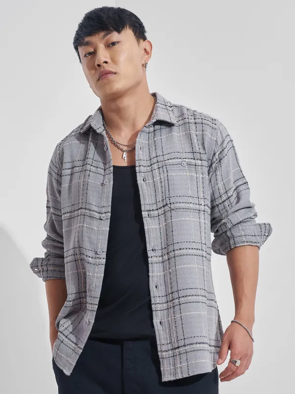 Highlander Men Grey Checked Relaxed Fit Casual Shirt