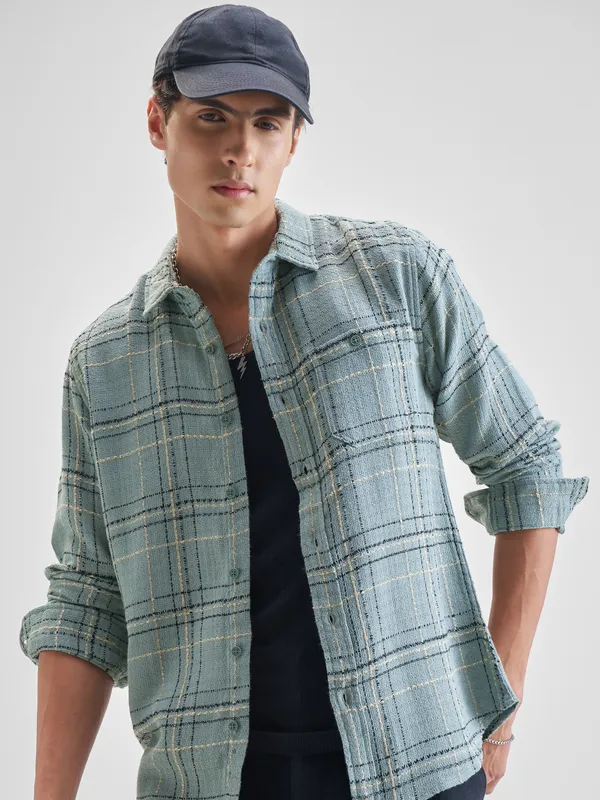 Highlander Men Green Checked Slim Fit Casual Shirt