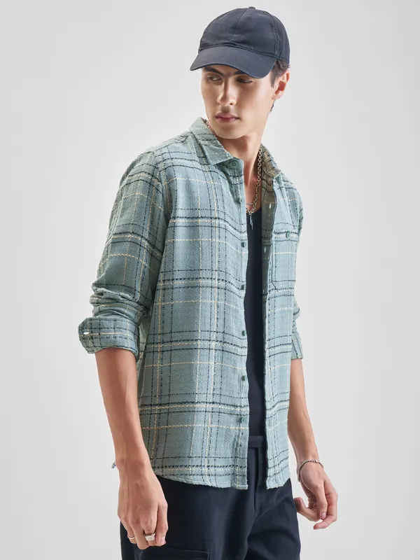 Highlander Men Green Checked Slim Fit Casual Shirt