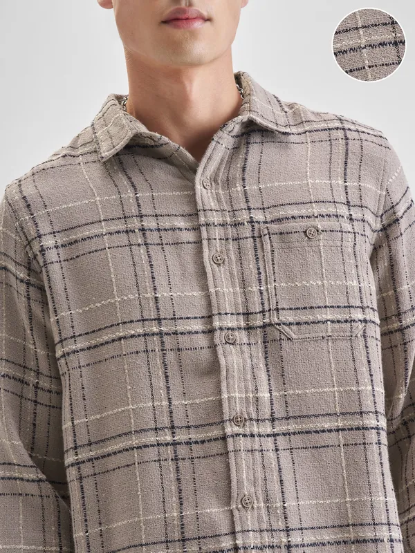 Highlander Men Beige Checked Slim Fit Casual Shirt