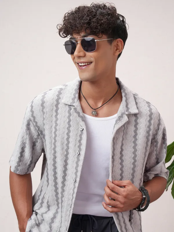 Highlander Men Grey Striped Relaxed Fit Casual Shirt