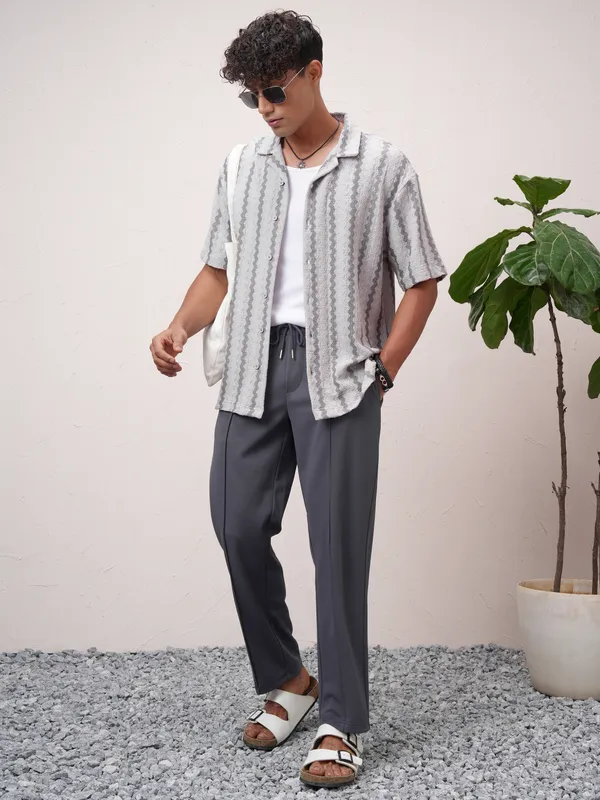 Highlander Men Grey Striped Relaxed Fit Casual Shirt