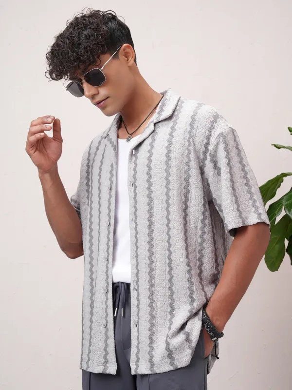 Highlander Men Grey Striped Relaxed Fit Casual Shirt