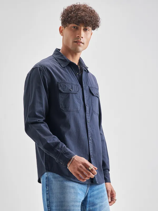 Highlander Men Navy Blue Solid Relaxed Fit Casual Shirt