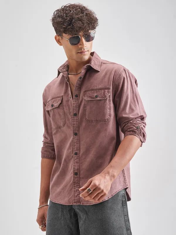 Highlander Men Burgundy Solid Relaxed Fit Casual Shirt