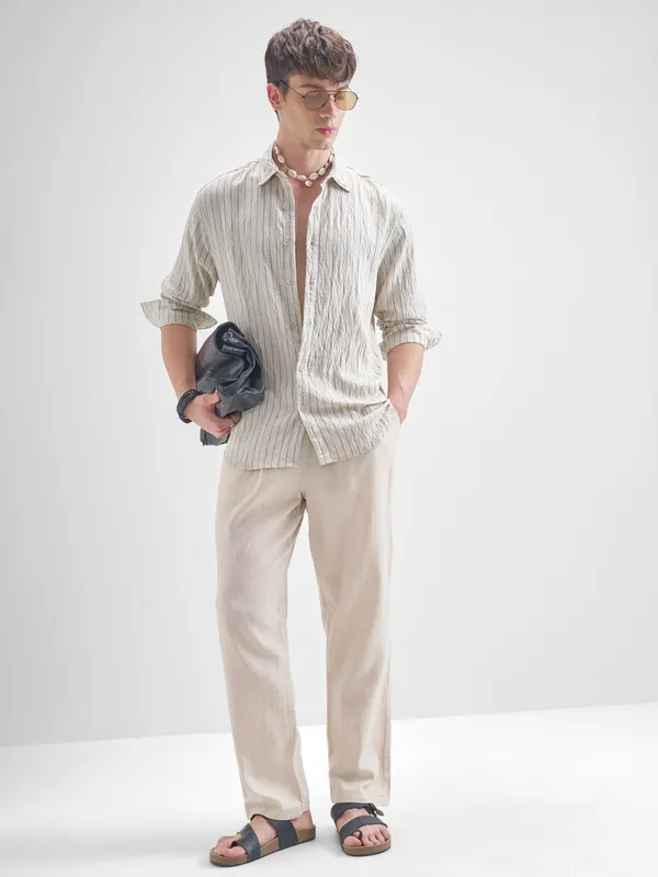 Highlander Men Cream Striped Relaxed Fit Casual Shirt