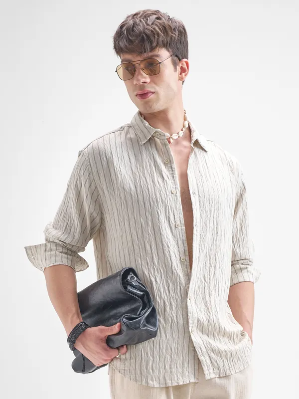 Highlander Men Cream Striped Relaxed Fit Casual Shirt