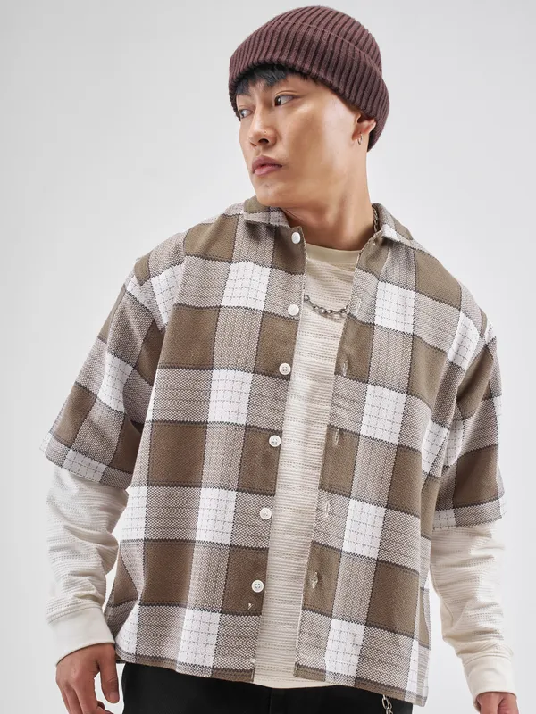 Highlander Men Brown Checked Boxy Fit Casual Shirt