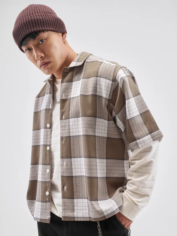 Highlander Men Brown Checked Boxy Fit Casual Shirt