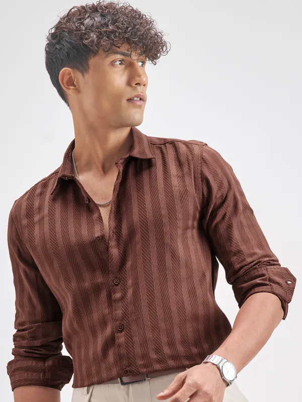 Highlander Men Rust Striped Slim Fit Casual Shirt