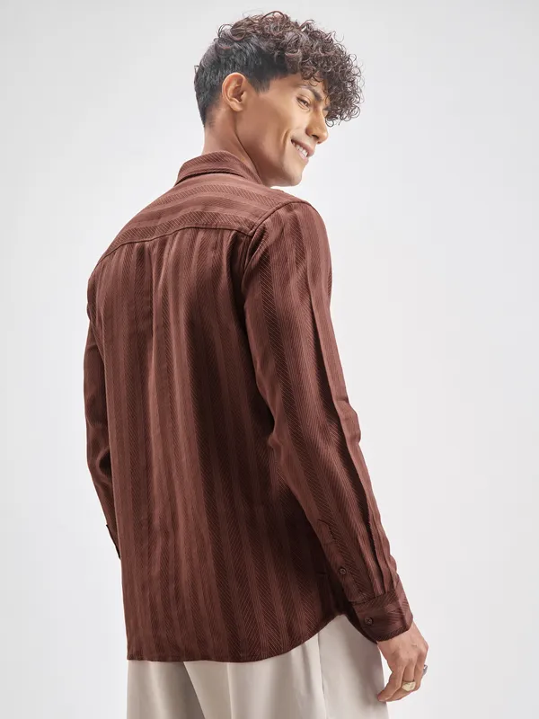 Highlander Men Rust Striped Slim Fit Casual Shirt