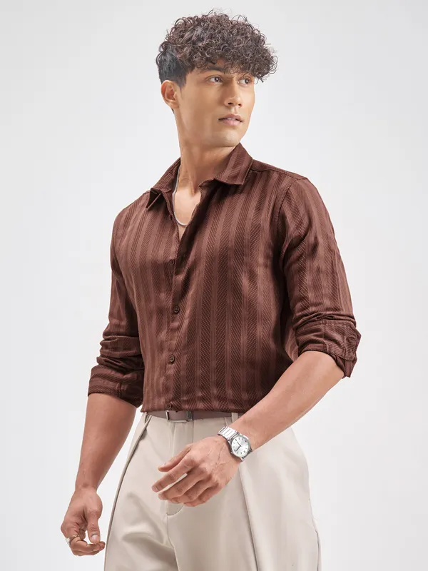 Highlander Men Rust Striped Slim Fit Casual Shirt