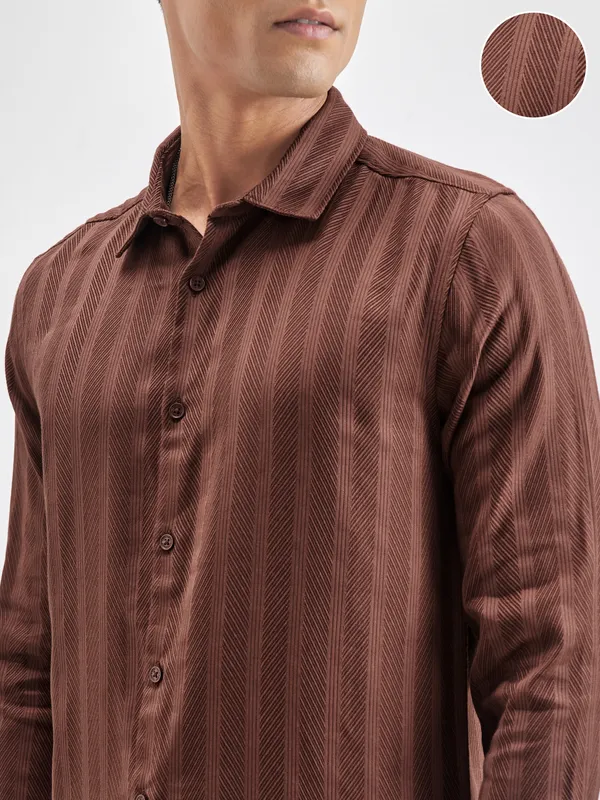 Highlander Men Rust Striped Slim Fit Casual Shirt