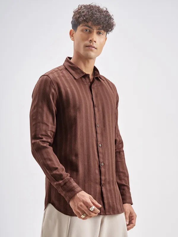 Highlander Men Rust Striped Slim Fit Casual Shirt