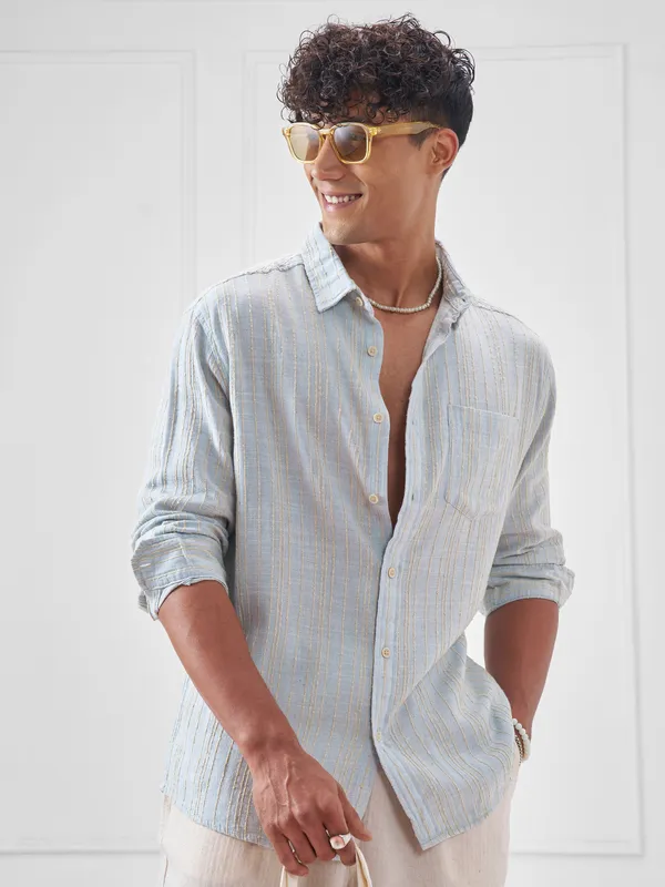 Highlander Men Blue Striped Oversized Fit Casual Shirt