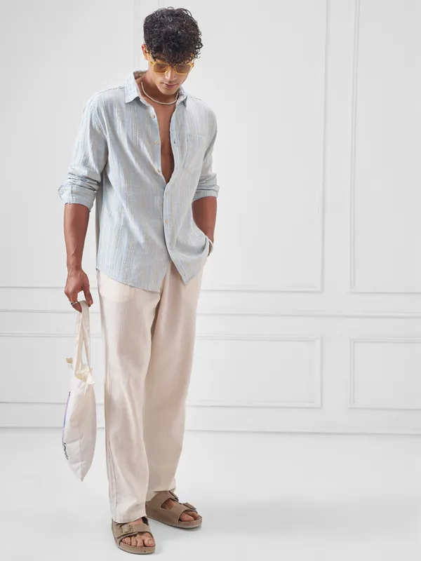 Highlander Men Blue Striped Oversized Fit Casual Shirt