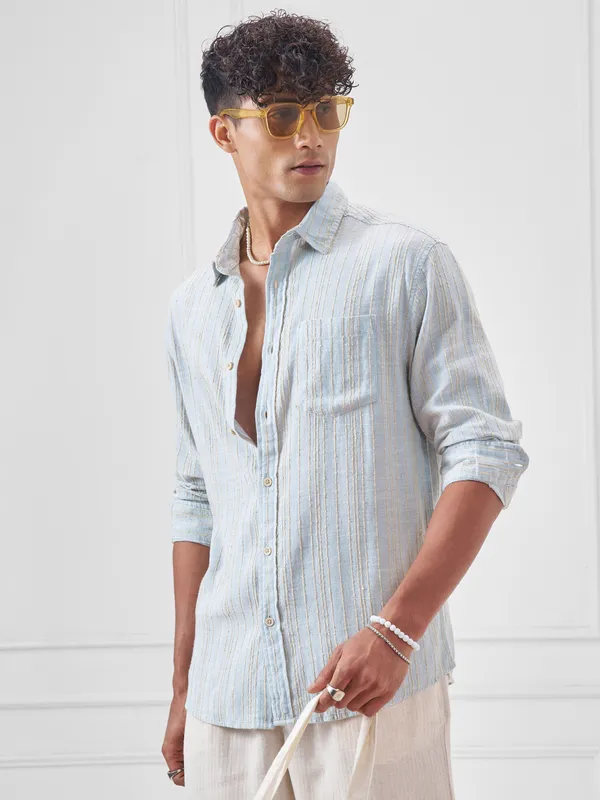 Highlander Men Blue Striped Oversized Fit Casual Shirt