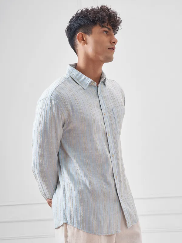 Highlander Men Blue Striped Oversized Fit Casual Shirt