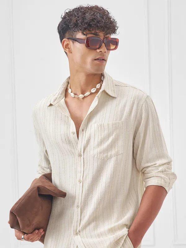 Highlander Men Beige Self Design Oversized Fit Casual Shirt