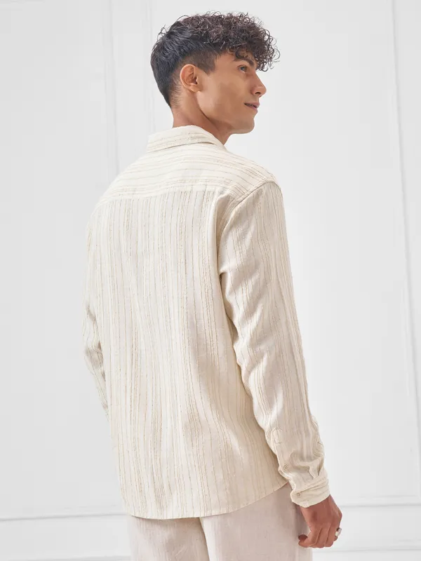 Highlander Men Beige Self Design Oversized Fit Casual Shirt