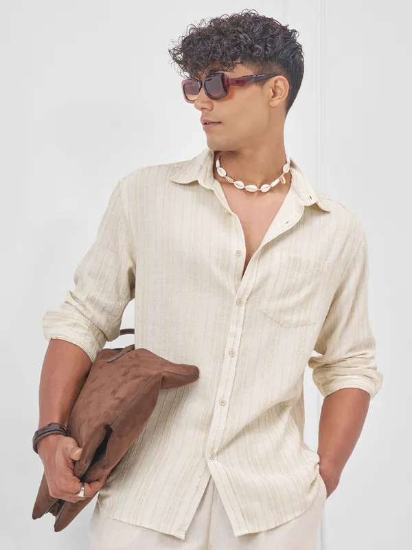 Highlander Men Beige Self Design Oversized Fit Casual Shirt