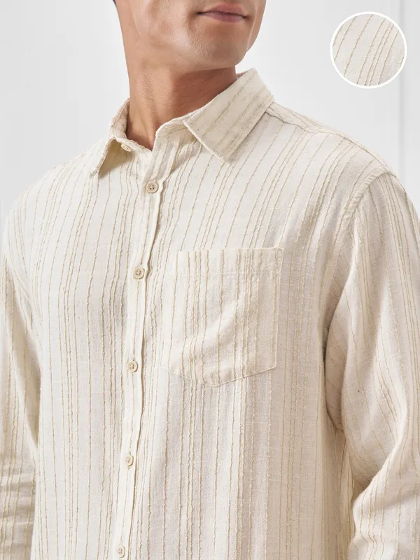 Highlander Men Beige Self Design Oversized Fit Casual Shirt