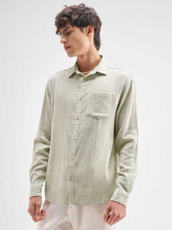 Highlander Men Green Self Design Regular Fit Casual Shirt