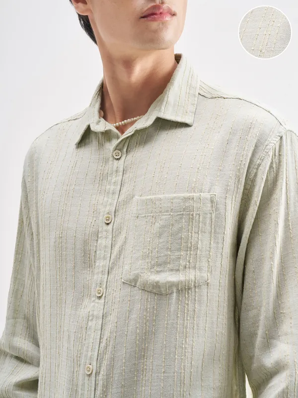 Highlander Men Green Self Design Regular Fit Casual Shirt