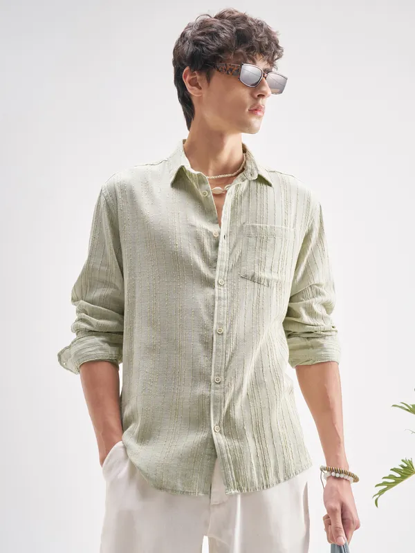 Highlander Men Green Self Design Regular Fit Casual Shirt