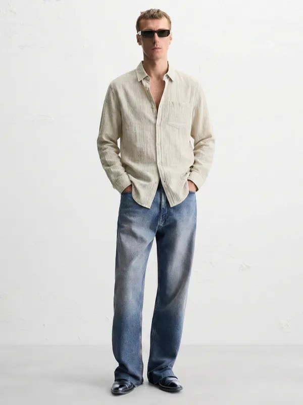 Highlander Men Grey Self Design Oversized Fit Casual Shirt