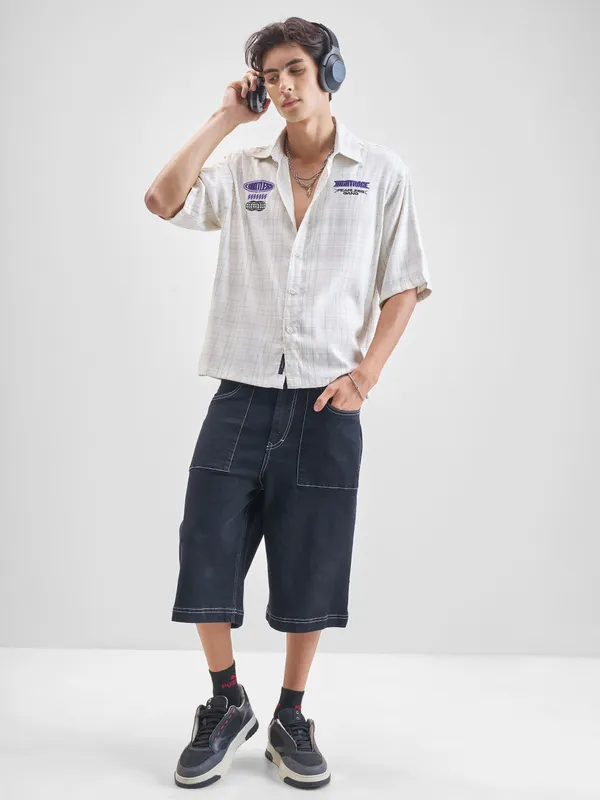 Highlander Men White Embroidered Relaxed Fit Casual Shirt