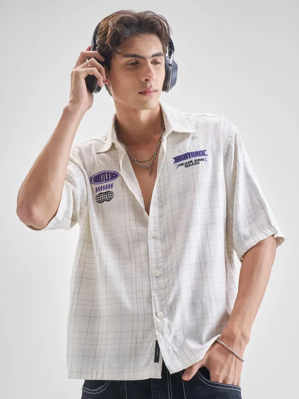 Highlander Men White Embroidered Relaxed Fit Casual Shirt