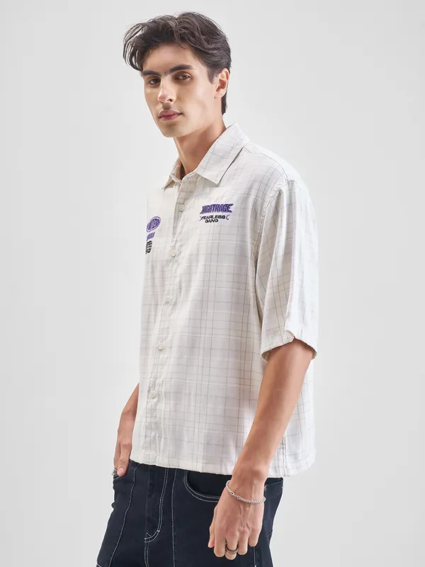 Highlander Men White Embroidered Relaxed Fit Casual Shirt