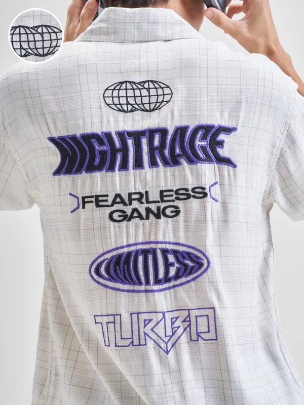 Highlander Men White Embroidered Relaxed Fit Casual Shirt