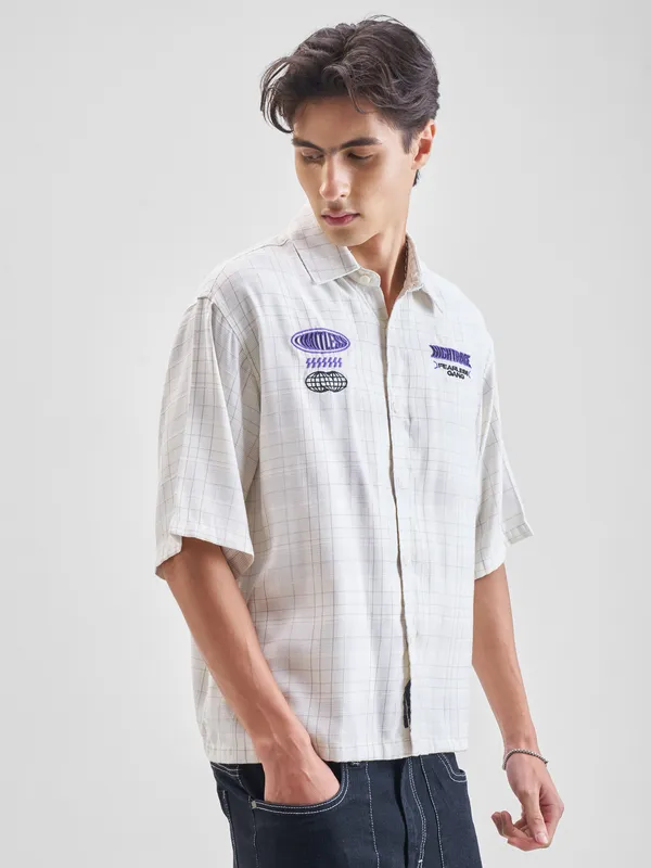 Highlander Men White Embroidered Relaxed Fit Casual Shirt