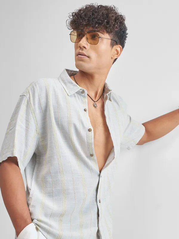 Highlander Men Grey Striped Relaxed Fit Casual Shirt