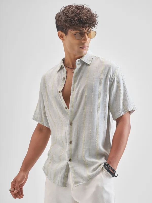 Highlander Men Grey Striped Relaxed Fit Casual Shirt