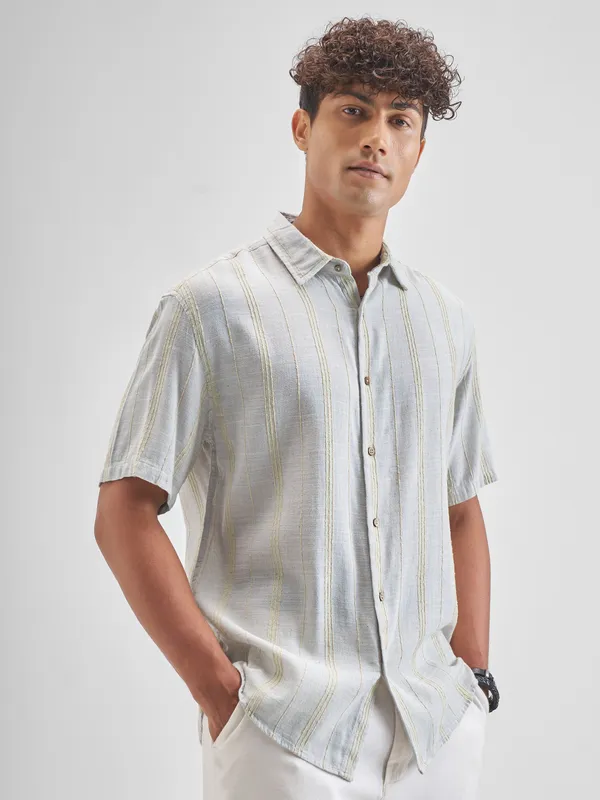 Highlander Men Grey Striped Relaxed Fit Casual Shirt